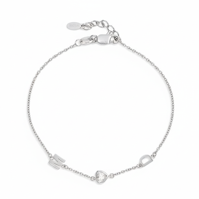 Silver bracelet with heart charm and custom letter charms